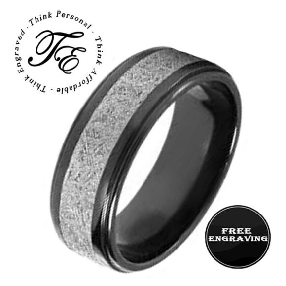 Engraved Men's Real Black Tungsten Promise Ring With Meteorite Inlay - Picture 7 of 7